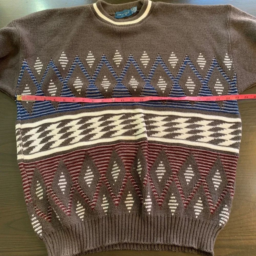 Vintage Towncraft Aztec Pattern Knit Sweater Mens XL USA RetroGray Blue Burgundy